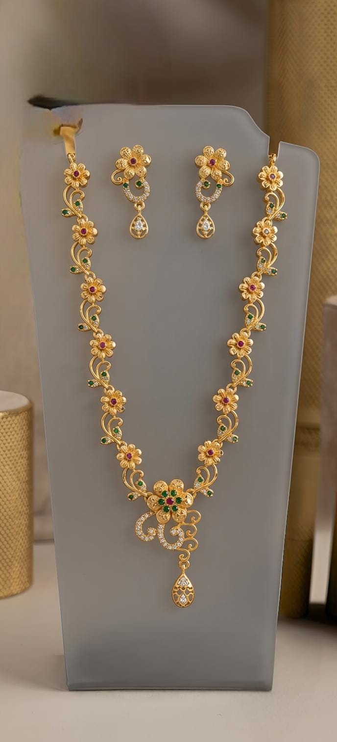 Ad Stone Flower Forming Necklace With Ear Ring Muli Fn0017