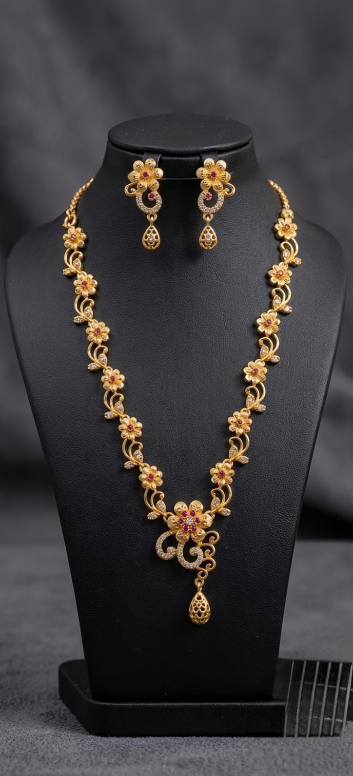 Ad Stone Flower Forming Necklace With Ear Ring Pink With White Fn0016